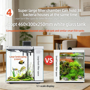 Advertisement for a large fish tank with text highlighting features, set in a home interior at Pet Servo