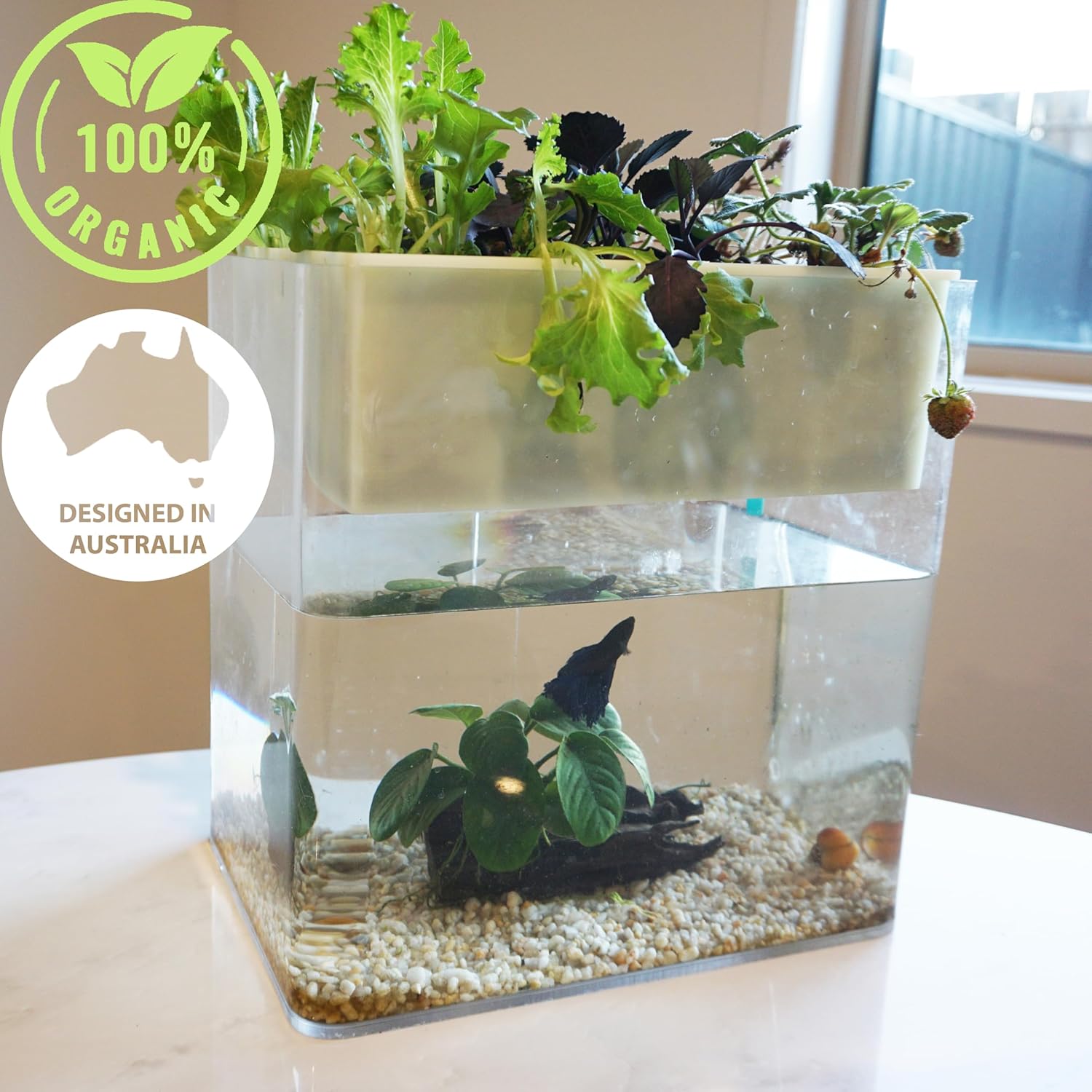 Aquaponic system with plants and fish, featuring '100% Organic' and 'Designed in Australia' logos at Pet Servo