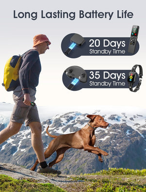 Man walking a dog with electronic devices on a mountain background, highlighting battery life at Pet Servo