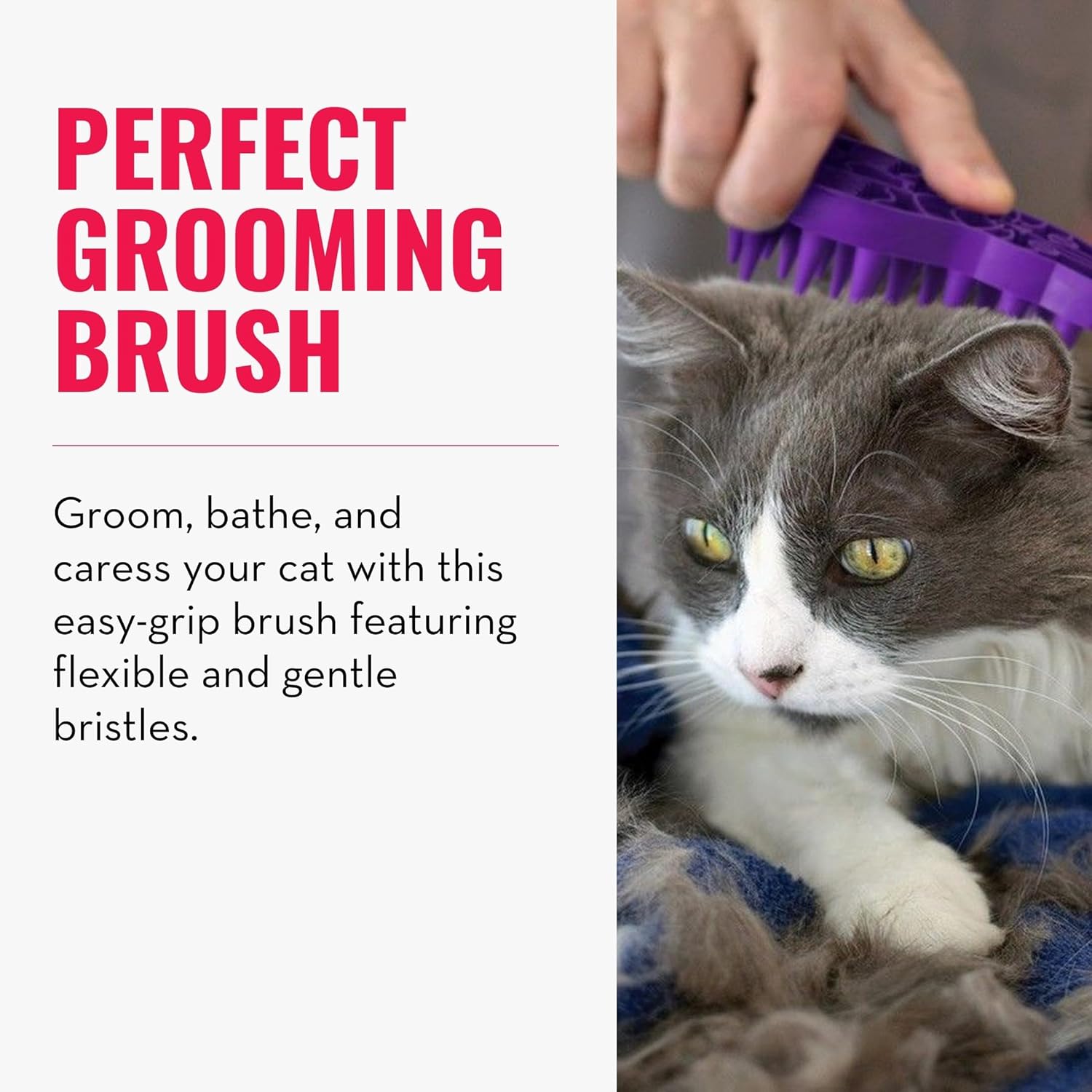 A gray and white cat lying on a blue blanket while a human hand uses a purple pet grooming brush on its fur. The left side has text reading 'PERFECT GROOMING BRUSH' and additional descriptive copy at Pet Servo