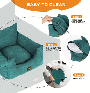 Teal pet bed with instructions on how to clean it, including taking out the cushion and pillow filling at Pet Servo