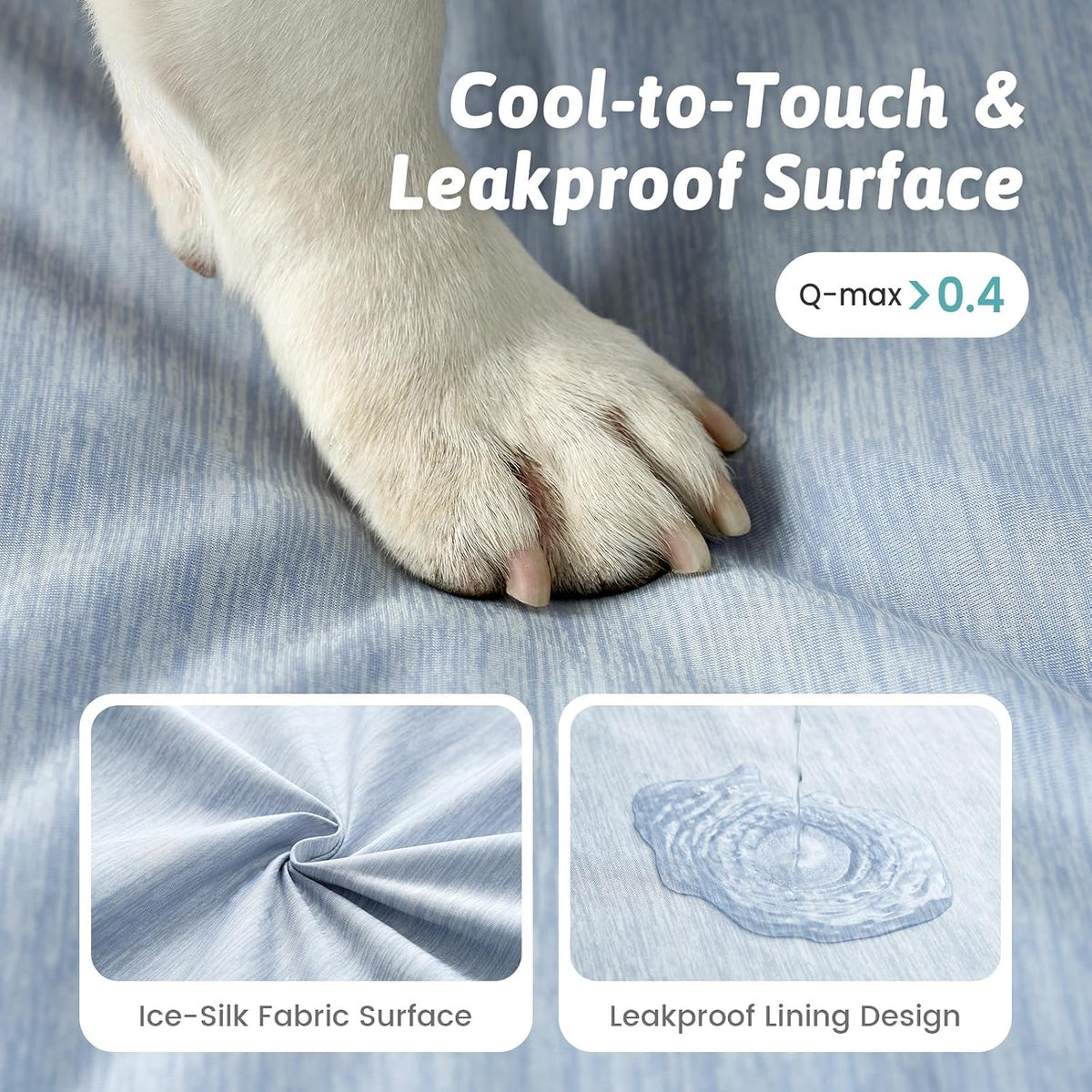 Dog paw on a textured fabric surface with text about cool-to-touch and leakproof design at Pet Servo