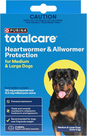 Purina Totalcare heartworm & allwormer protection packaging for medium and large dogs on a blue background at Pet Servo