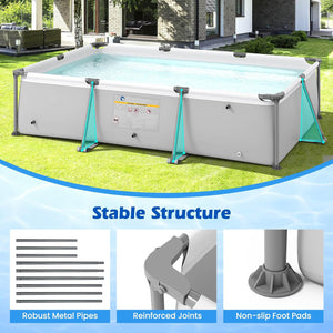 Rectangular above-ground pool with stable structure features on a grassy lawn.