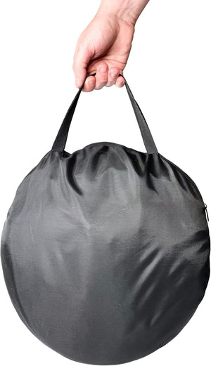 Gray drawstring bag being held by a hand on a white background at Pet Servo