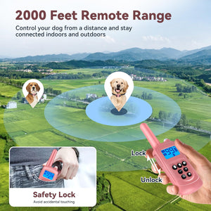 Dog training collar with remote control, 2000 feet remote range, and safety lock feature.