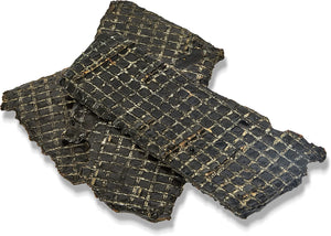 Three overlapping rectangular black woven fabric strips with a grid-like pattern, shown on a white background.