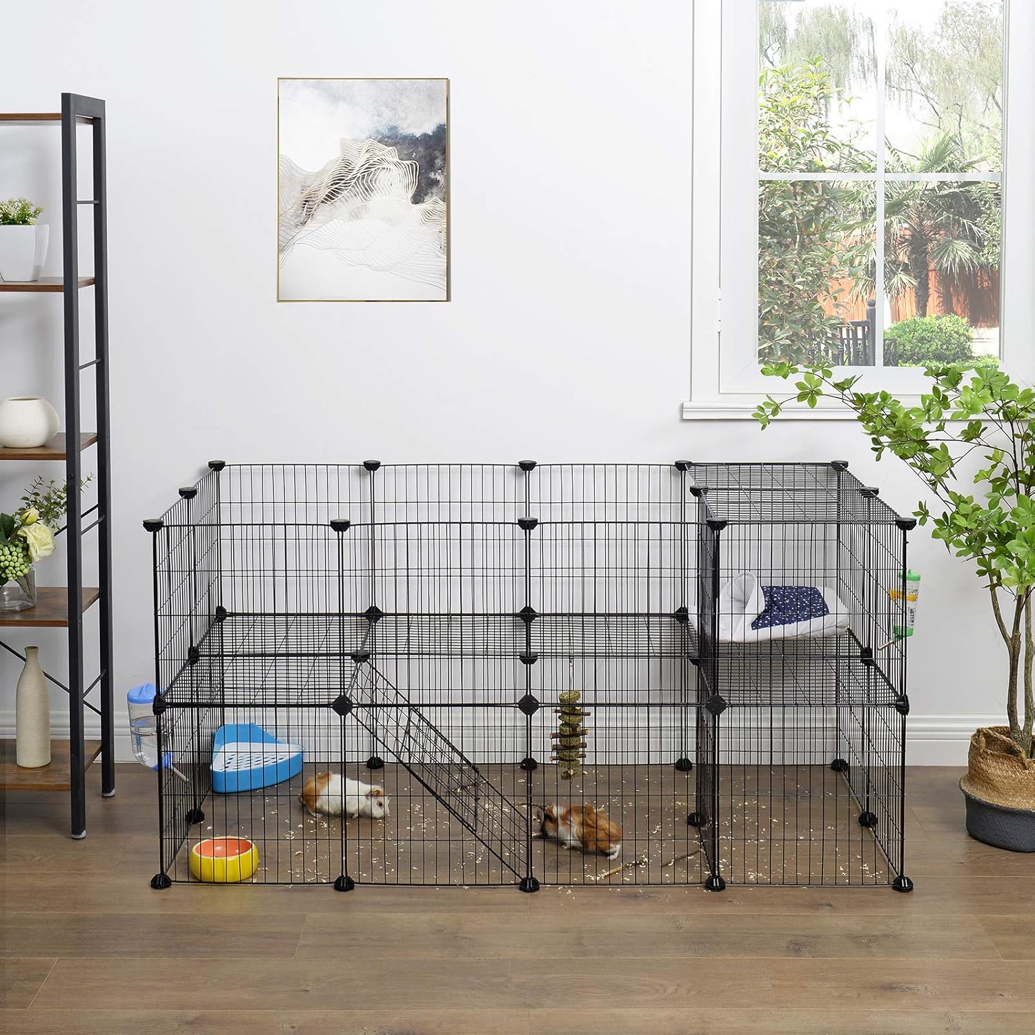 Pet cage with animals inside in a room with a window and plants at Pet Servo