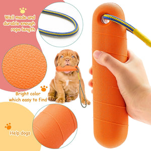 Orange dog toy with handle and rope, held by a hand, with close-ups and text on a pink background at Pet Servo