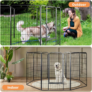 A split comparison showing a black metal dog playpen outdoors on grass with a woman kneeling beside it and a dog inside, and the same playpen indoors on a wood floor with a dog sitting inside. Orange labels read 'Outdoor' and 'Indoor' at Pet Servo