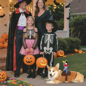Family in Halloween costumes with a dog, standing in front of pumpkins and a decorated house at Pet Servo