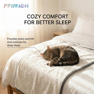 A brown tabby cat sleeps curled up on a white textured blanket draped over a bed in a softly lit bedroom. Text on the image reads 'COZY COMFORT FOR BETTER SLEEP' and 'Provides extra warmth and cosiness for deep sleep,' with the PFMIGH brand name in the top left.