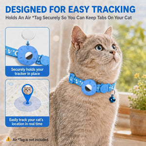 A beige cat wearing a blue pet collar with a circular tracking device and small bell, shown in a bright indoor setting. The image includes marketing text and two inset diagrams explaining how the tracker is secured and how the cat's location is tracked at Pet Servo