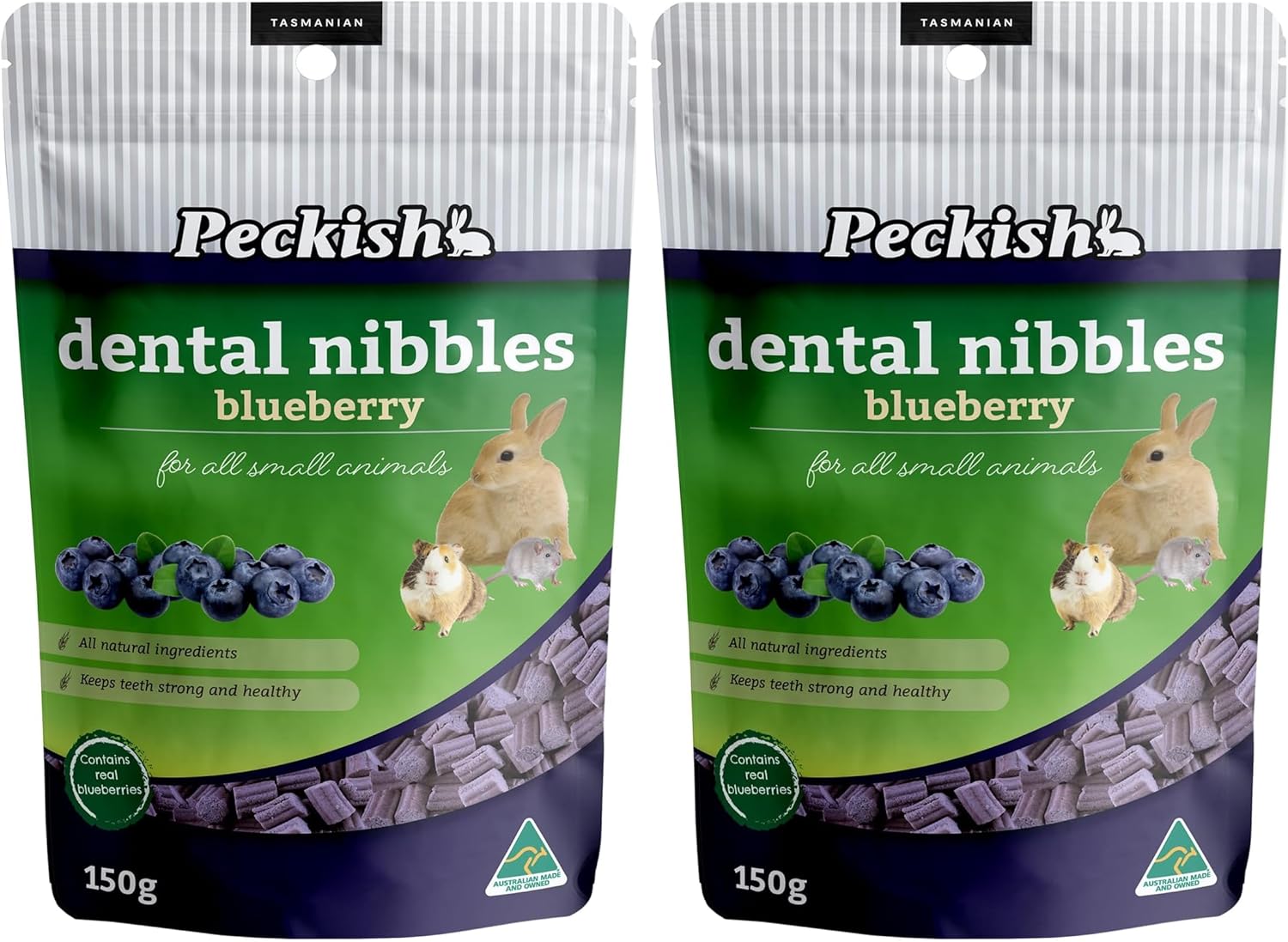 Two packages of Peckish's dental nibbles blueberry for small animals on a white background at Pet Servo