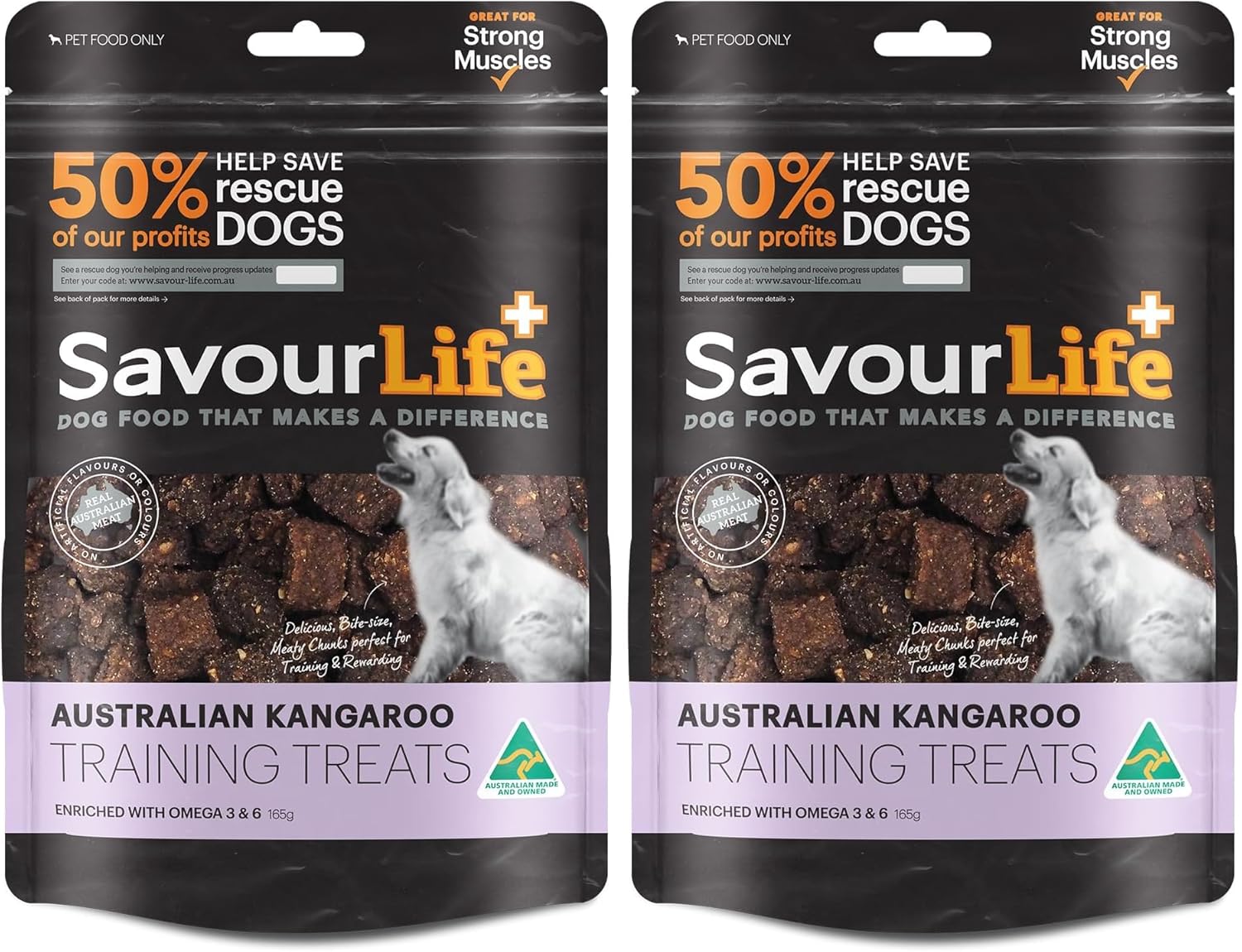 Two packages of SavourLife Australian Kangaroo Training Treats for dogs on a white background at Pet Servo