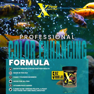 Advertisement for Xtreme Aquatic Foods professional color enhancing formula with fish in the background at Pet Servo