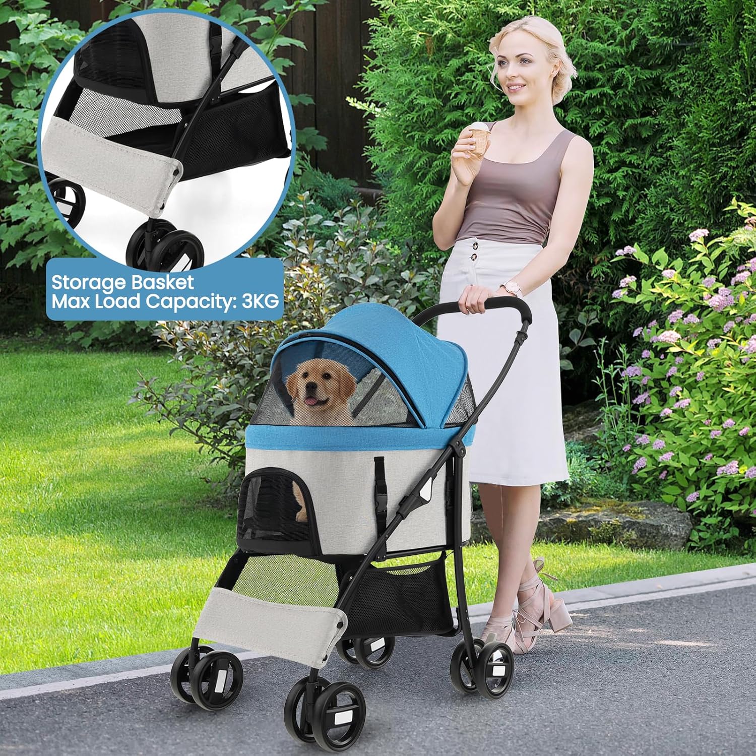 Costway - 3IN1 Pet Stroller Dog Travel Carrier Pram Small/Medium Dogs & Cats - Blue