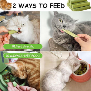 Collage showing two ways to feed cat treats: directly and mixed with pet food at Pet Servo