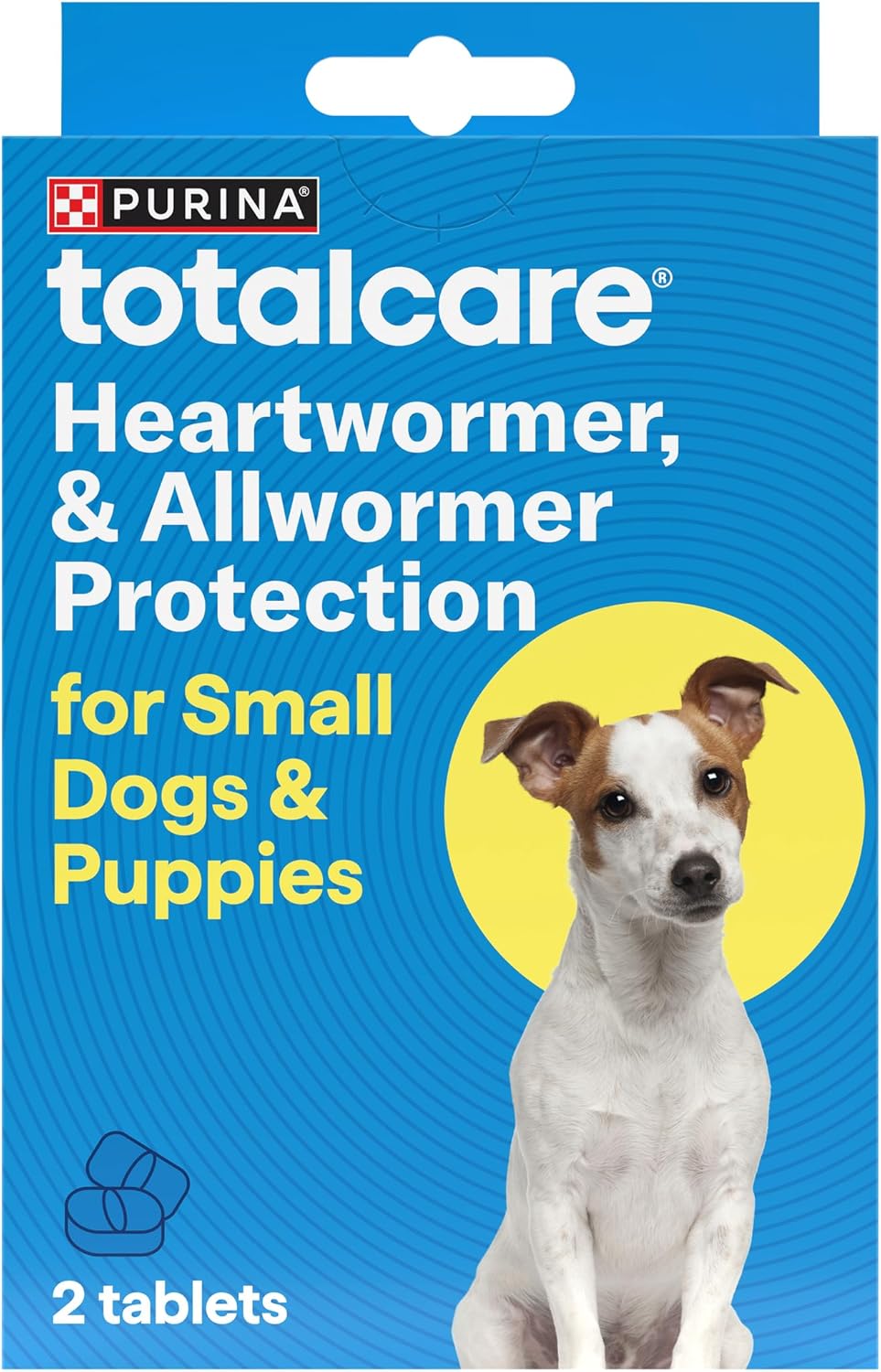 Purina Totalcare heartworm and allwormer protection packaging for small dogs and puppies on a blue background at Pet Servo