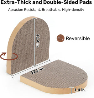 Cat scratcher with dimensions and features on a white background at Pet Servo