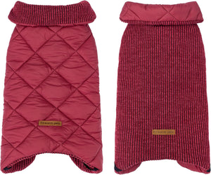 Two red dog coats, one quilted and one knitted, on a white background at Pet Servo
