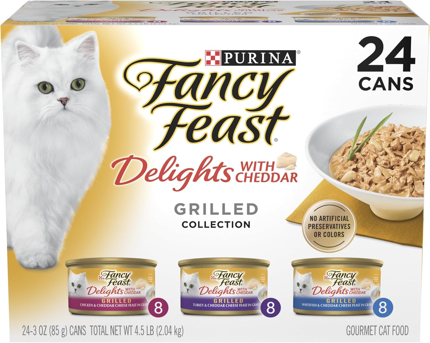 Box of Purina Fancy Feast Delights with Cheddar grilled cat food, featuring a white cat on the packaging at Pet Servo