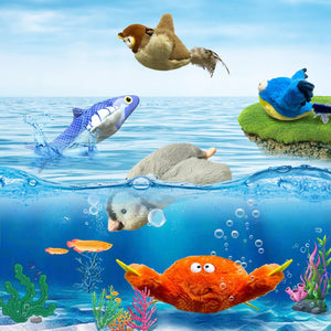 Toy animals including a fish, crab, and others on an underwater background with bubbles and plants at Pet Servo