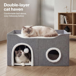 Pawz Large Enclosed Bed with Scratch Pad House for Indoor Cats, Grey at Pet Servo