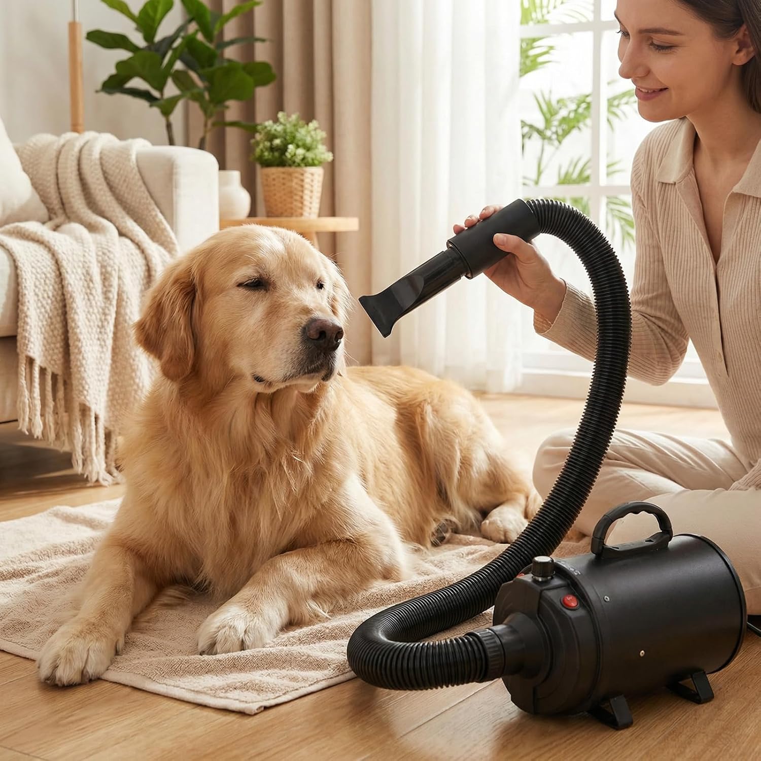 Woman using a pet dryer on a golden retriever in a cozy living room at Pet Servo