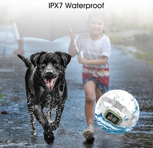 Dog running in water with a child holding an umbrella, featuring an IPX7 waterproof product at Pet Servo