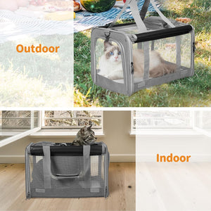 A gray mesh pet carrier shown in two usage contexts: outdoors on grass with a cat inside, and indoors on a wooden floor with a cat sitting on top. The image includes orange text labels reading 'Outdoor' and 'Indoor' at Pet Servo