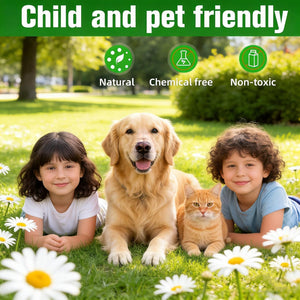 Two children with a dog and a cat on a grassy field, with text indicating 'Child and pet friendly', 'Natural', 'Chemical free', and 'Non-toxic' at Pet Servo