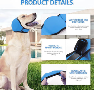 Dog wearing a blue waterproof ear protector with product details on a grassy area at Pet Servo