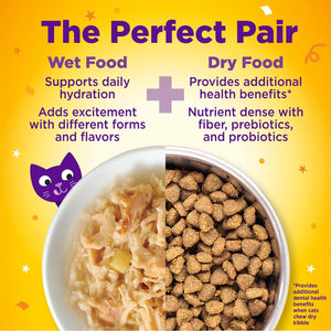Advertisement for wet and dry cat food on a yellow background with text highlighting benefits at Pet Servo