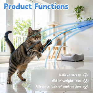 Cat playing with a toy in a bright room with text about product functions at Pet Servo