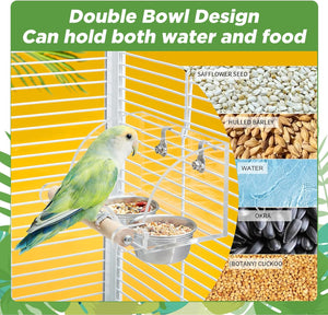 Pet bird with a double bowl design for water and food, featuring various seeds and water on a yellow background at Pet Servo