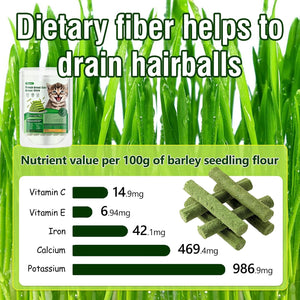 Product packaging with text about dietary fiber benefits and nutritional information on a green grass background at Pet Servo