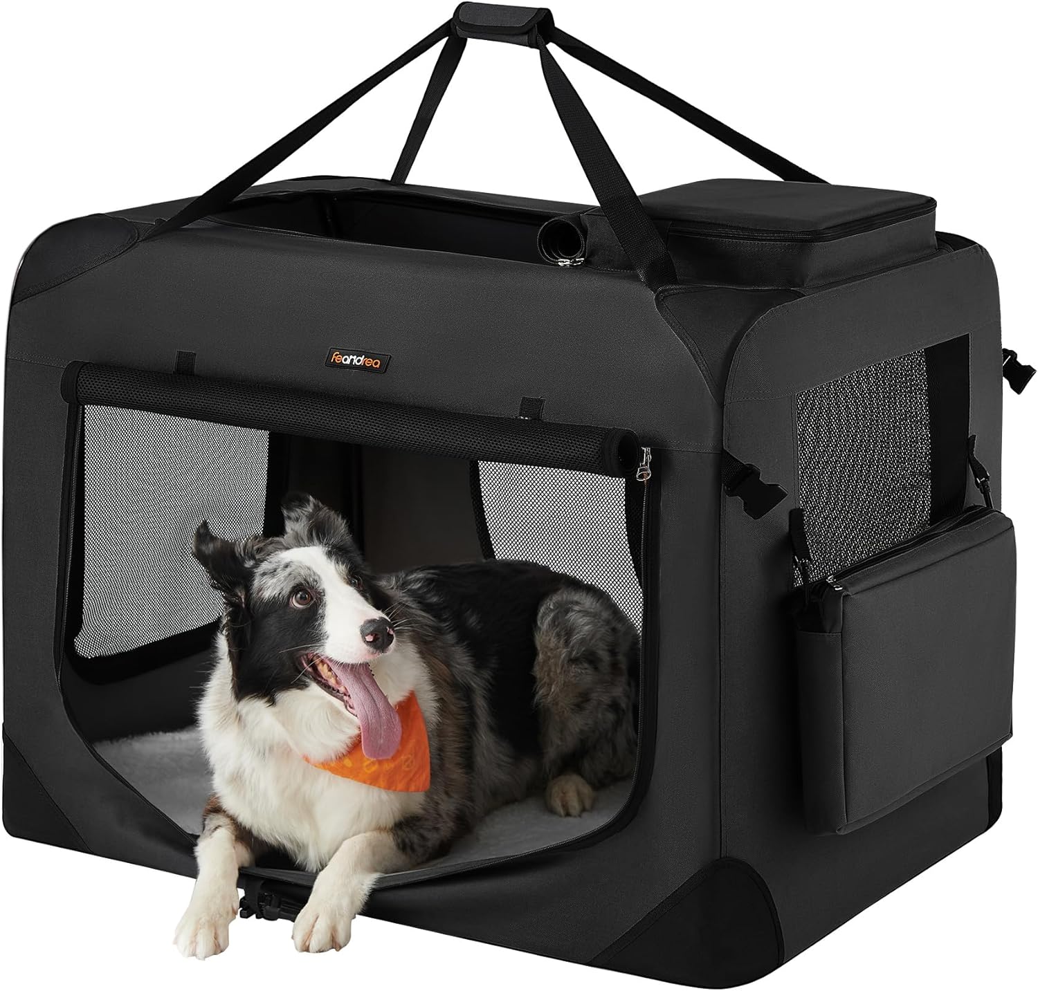 A portable collapsible soft travel crate for pets, in black color, with a dog peeking out from the mesh window.