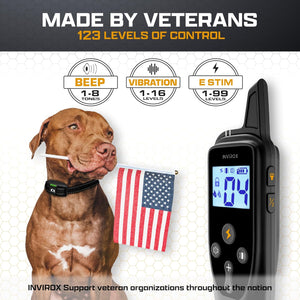 Dog wearing a collar with an American flag, next to an INVIXOR device with control levels displayed at Pet Servo