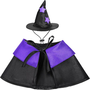 A children's witch costume set featuring a black pointed hat with two purple stars and a matching black cape with a wide purple collar and bow, shown on a plain white background.