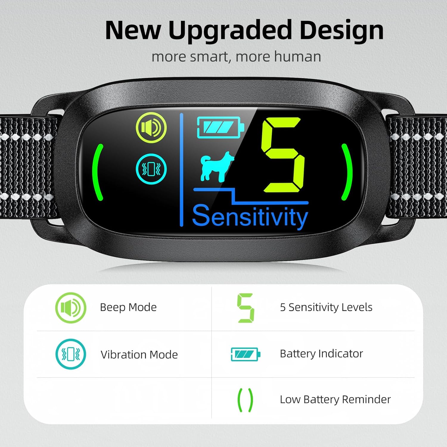 Pet collar with digital display and features listed on a gray background at Pet Servo