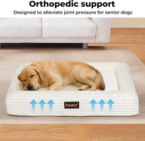 Dog lying on an orthopedic support bed with 'PaWz' branding in a living room setting at Pet Servo