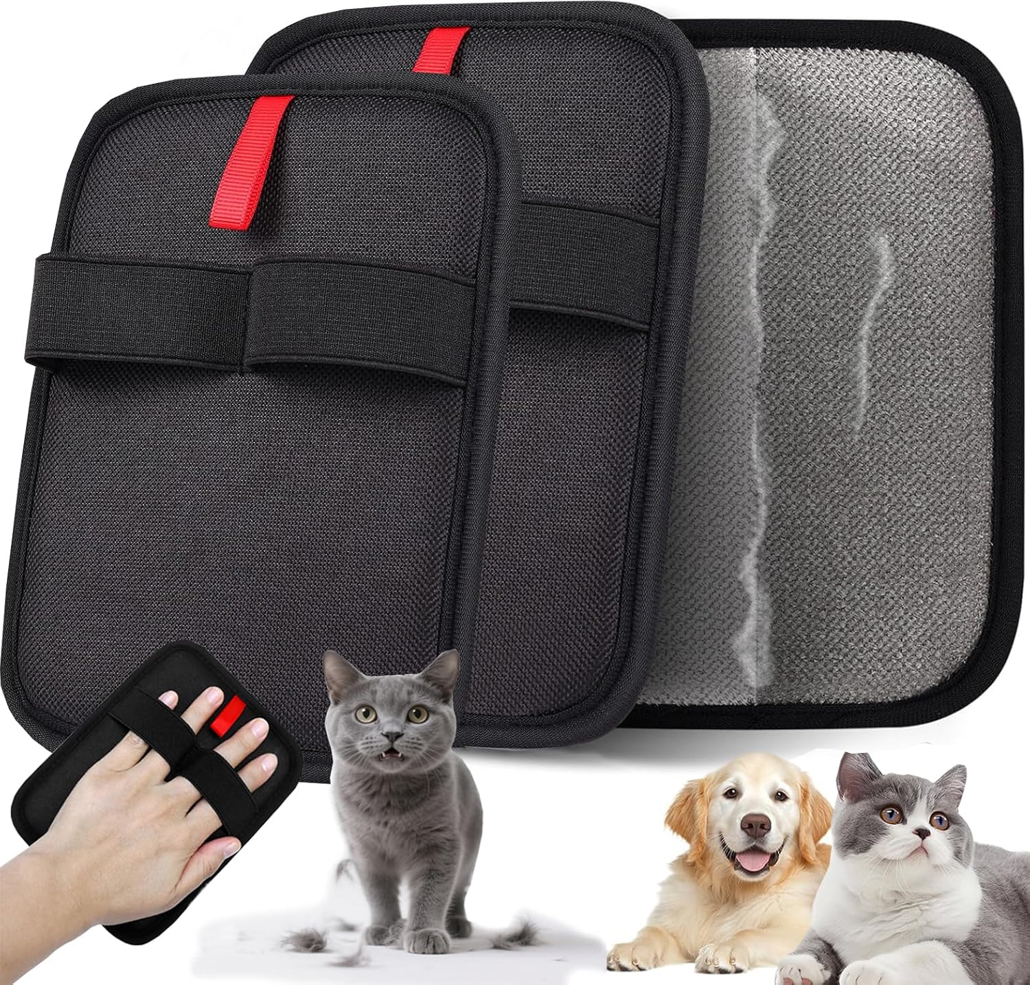 Pet car seat covers with a hand holding one, and two cats and a dog in the foreground at Pet Servo