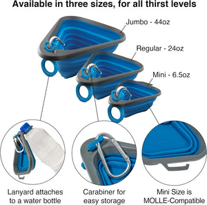 Collapsible water containers in three sizes with features highlighted on a white background at Pet Servo