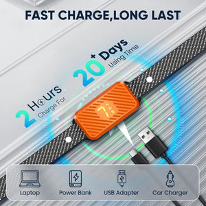 Orange electronic device with charging cable on a white background, displaying charging time and compatibility icons at Pet Servo