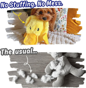A before-and-after comparison graphic for a dog toy. The top panel shows a small brown dog holding a yellow plush duck toy with the text 'No Stuffing at Pet Servo