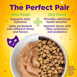Cat food advertisement showing wet and dry food in a bowl with text on a yellow background at Pet Servo
