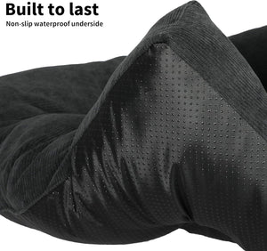 Close-up of a black textured surface with 'Built to last' and 'Non-slip waterproof underside' text at Pet Servo
