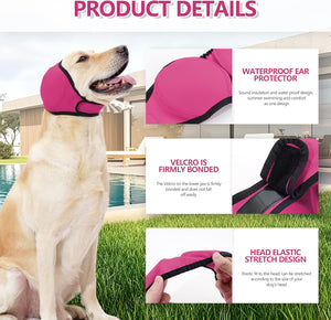 Dog wearing a pink waterproof ear protector with product details displayed at Pet Servo