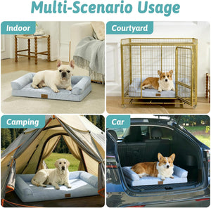 A 2x2 collage showing a pet bed in four real-world scenarios: Indoor, Courtyard, Camping, and Car. In each panel, a dog is lying on the light blue raised pet bed at Pet Servo